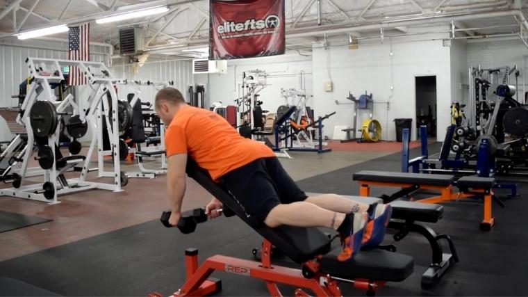 A person sets up to perform a dumbbell rear delt raise in the gym.