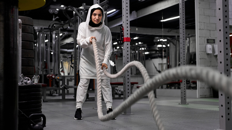 A person wears a beige long-sleeved hoodie and a hijab while doing battle rope waves.