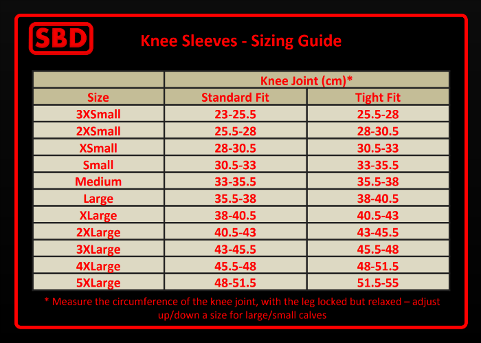 SBD Knee Sleeve Sizing Chart