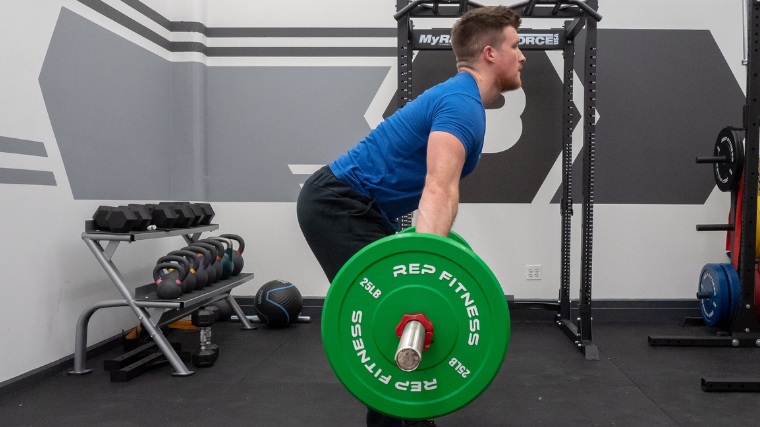 Man doing one arm barbell rows exercise Royalty Free Vector