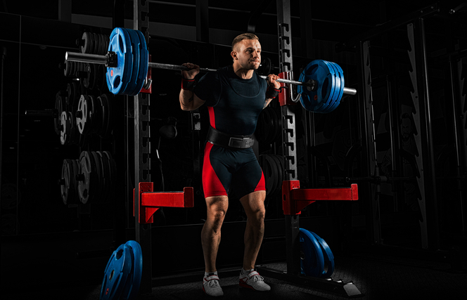 A person sets up to perform a low bar back squat.