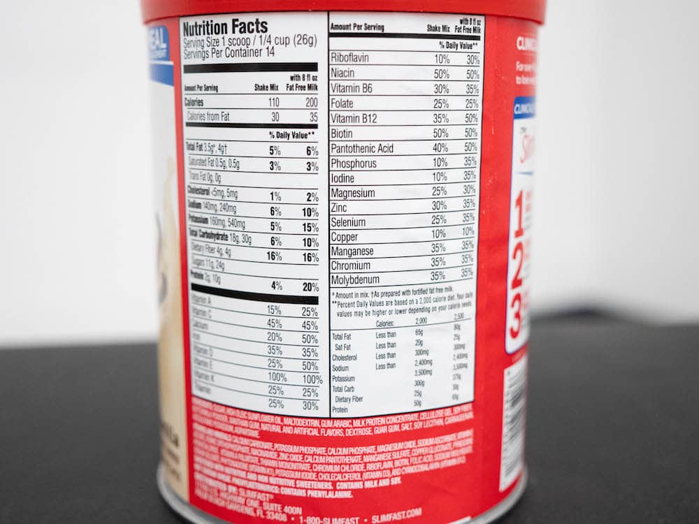 Nutrition label for SlimFast