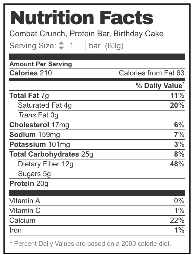 Combat Crunch Birthday Cake Nutrition Label