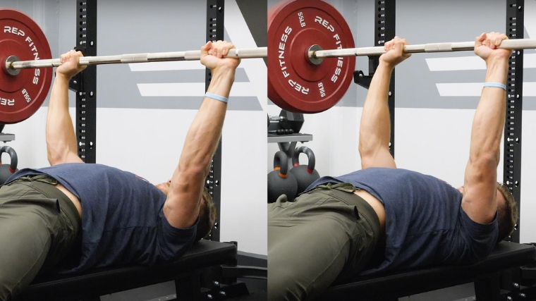  A standard bench press side by side with a close-grip barbell bench press.