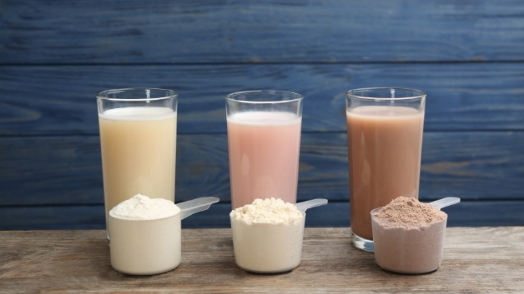 A line of protein shakes
