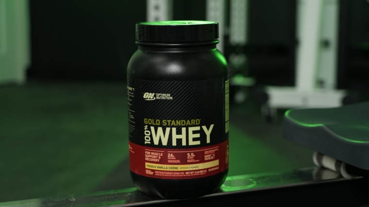 A container of Optimum Nutrition Whey Protein