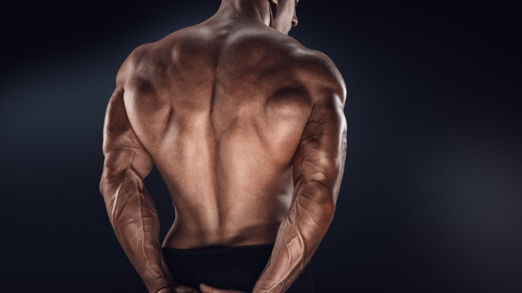man flexing back muscles