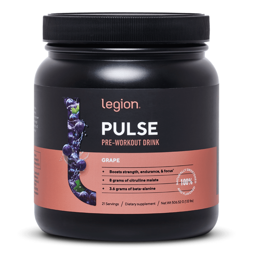 A container of Legion Pulse Preworkout drink.