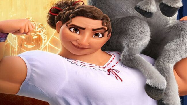 Luisa Madrigal from Disney's Encanto flexes while holding a donkey.