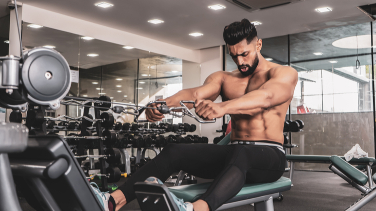 A person performs a seated cable row in the gym.