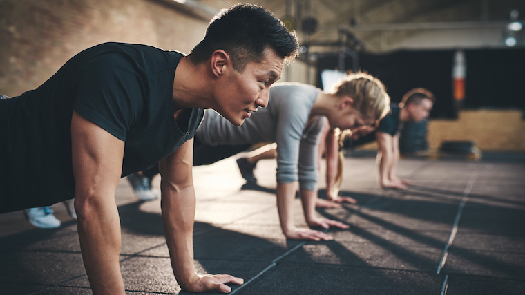 The experimental setup, (A) the physical exercise of push-up, (B)