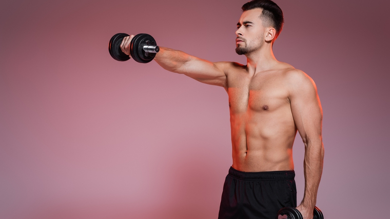 A person performs a unilateral dumbbell front raise.