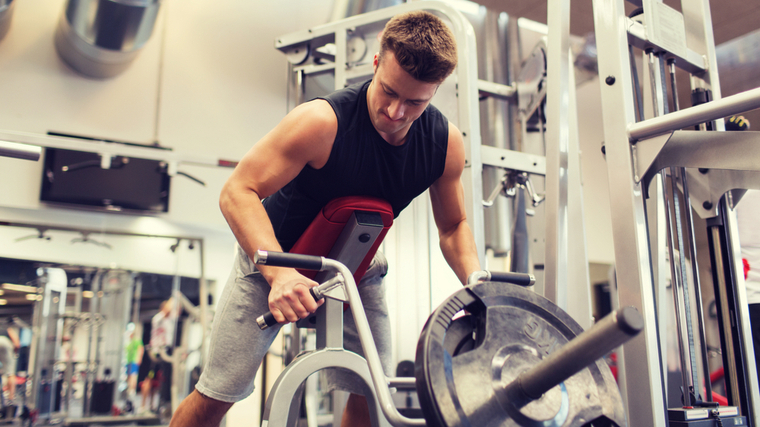 A person performs a T-bar row.