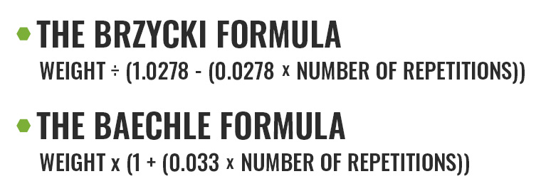 An image outlines two different 1RM calculating formulas.