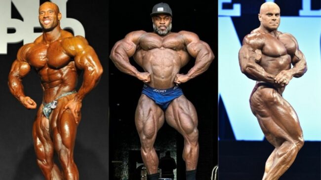 bodybuilders hitting various poses on stage