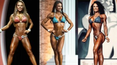 Three Bikini Olympia champions posing on stage