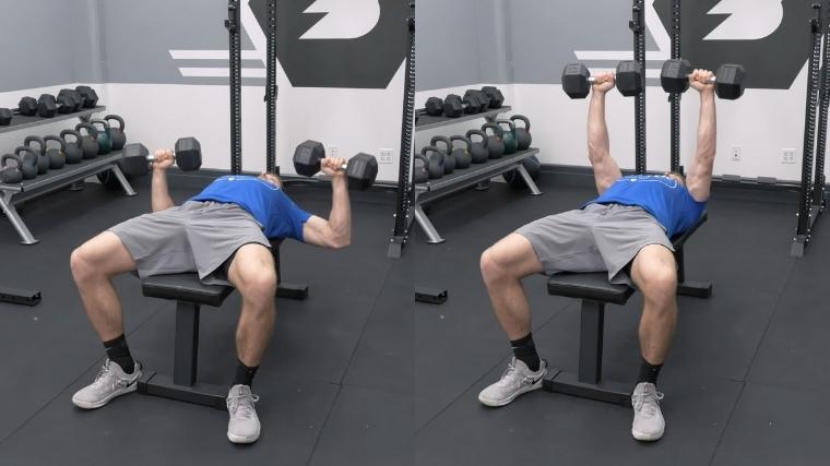 Person in blue t-shit and grey shorts laying back-down on a bench and pressing two dumbbells over their chest.