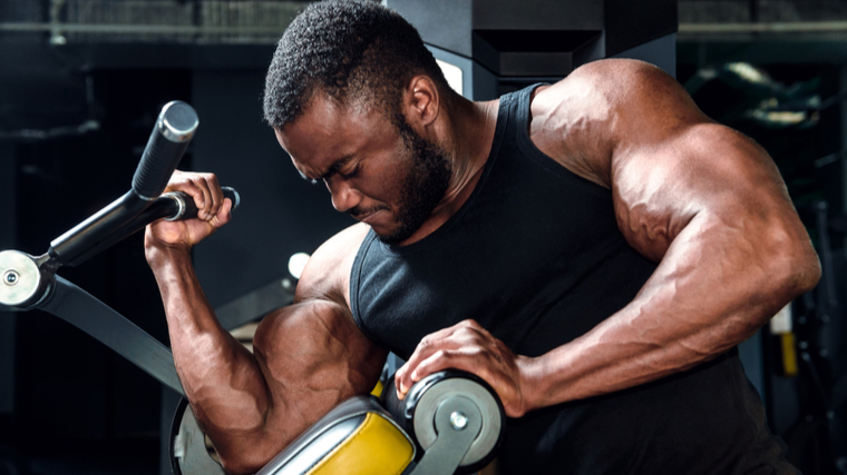 An athlete wears a tank top while performing a biceps curl on a bench.