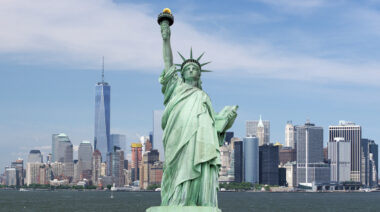 Statue,Of,Liberty.,New,York,,Panorama,Of,Manhattan,With,The