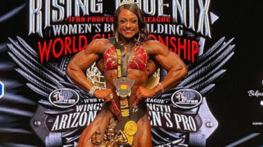 Bodybuilder Andrea Shaw poses after winning the Rising Phoenix championship.