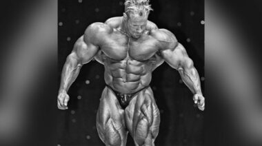 Bodybuilder Jay Cutler hitting a quad pose at the Mr. Olympia.