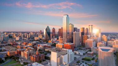 Dallas,,Texas,Cityscape,With,Blue,Sky,At,Sunset,,Texas