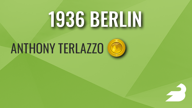 On a green background, text reads: "1936 Berlin" These names appear with medals next to them: Anthony Terlazzo (gold).
