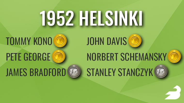 On a green background, text reads: "1952 Helsinki" These names appear with medals next to them: Tommy Kono (gold), Pete George (gold), Stanley Stanczyk (silver), Norbert Schemansky (gold), John Davis (gold), James Bradford (silver, men’s +90-kilogram).