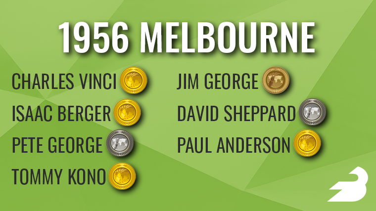 On a green background, text reads: "1956 Melbourne" These names appear with medals next to them:, Charles Vinci (gold), Isaac Berger (gold), Pete George (silver), Tommy Kono (gold), Jim George (bronze), David Sheppard (silver), Paul Anderson (gold).