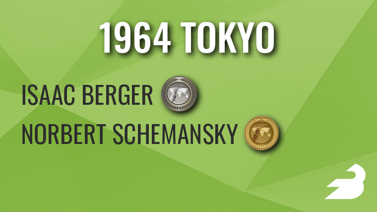 On a green background, text reads: "1964 Tokyo" These names appear with medals next to them: Isaac Berger (silver), Norbert Schemansky (bronze).