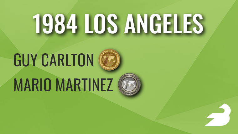 On a green background, text reads: "1984 Los Angeles" These names appear with medals next to them: Guy Carlton (bronze), Mario Martinez (silver).