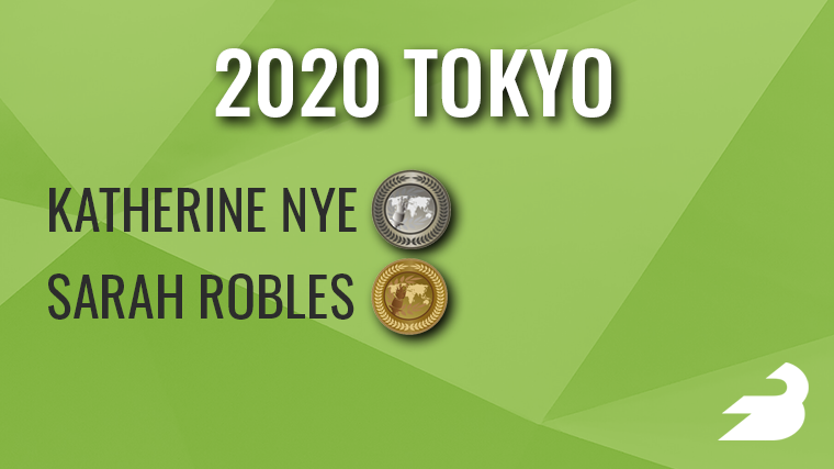 On a green background, text reads: "2020 Tokyo" These names appear with medals next to them: Katherine Nye (silver), Sarah Robles (bronze).