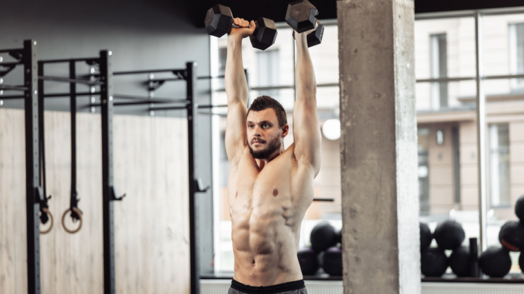 A shirtless person holds dumbbells overhead with a neutral grip.