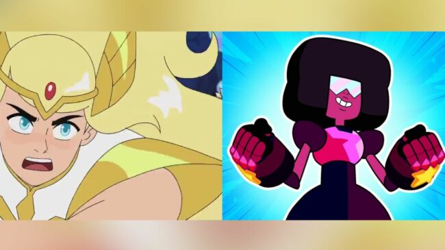 She-Ra from She-Ra and the Princesses of Power lunges forward with a sword and Garnet from Steven Universe smiles while holding up her gauntlets.