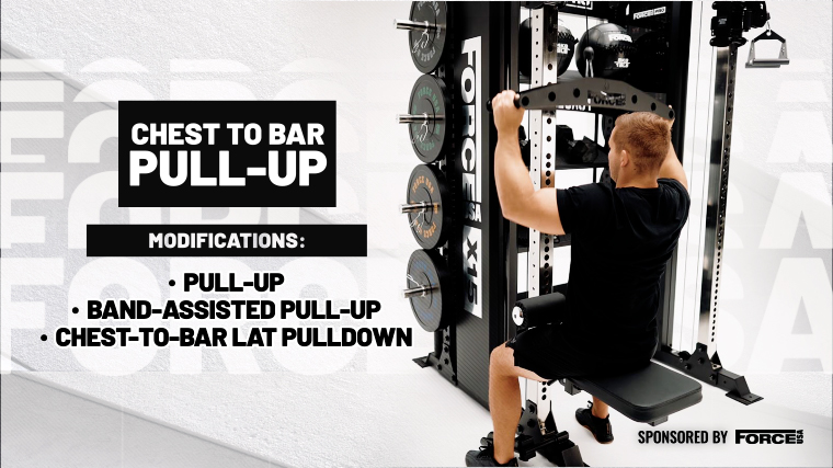 A person performs a lat pulldown using the Force USA Multi Trainer. Text reads: "Chest-to-bar pull-up. Modifications: Pull-up. Band-assisted pull-up. Chest-to-bar lat pulldowns."
