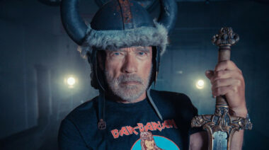 Actor Arnold Schwarzenegger dressed as a barbarian.