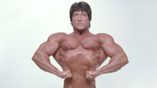 Bodybuilder Frank Zane posing shirtless
