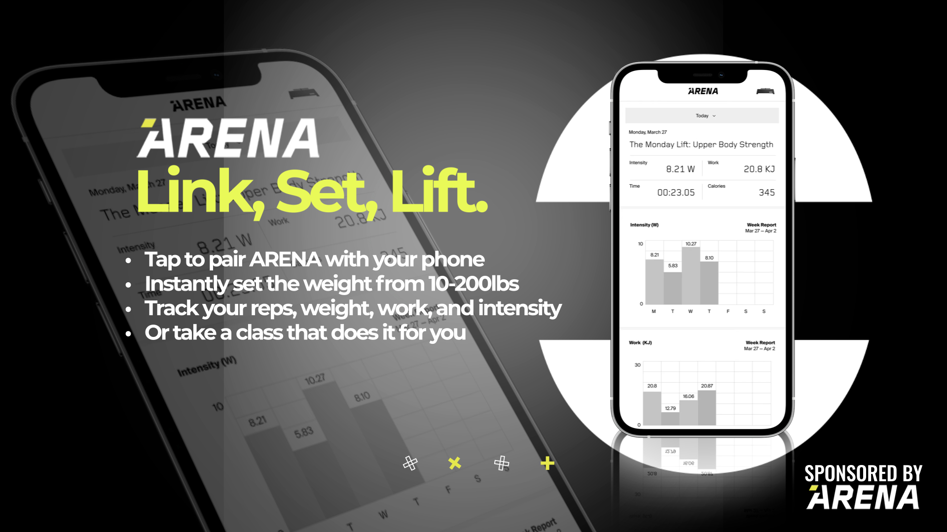 A grey, black, and white image shows a phone preview of the ARENA app.