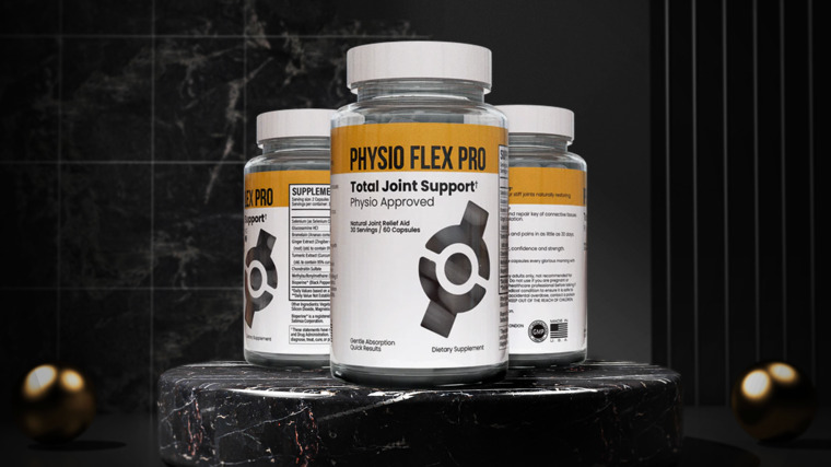 Three bottles of Physio Flex Pro sit on a black table.