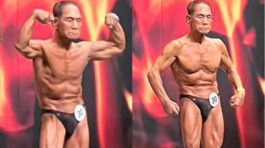 86-year-old bodybuilder Toshisuke Kanazawa posing on stage.