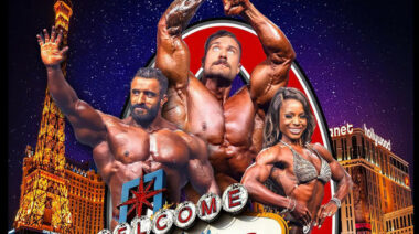 Bodybuilders Chris Bumstead, Hadi Choopan, and Andrea Shaw on a 2022 Olympia poster.