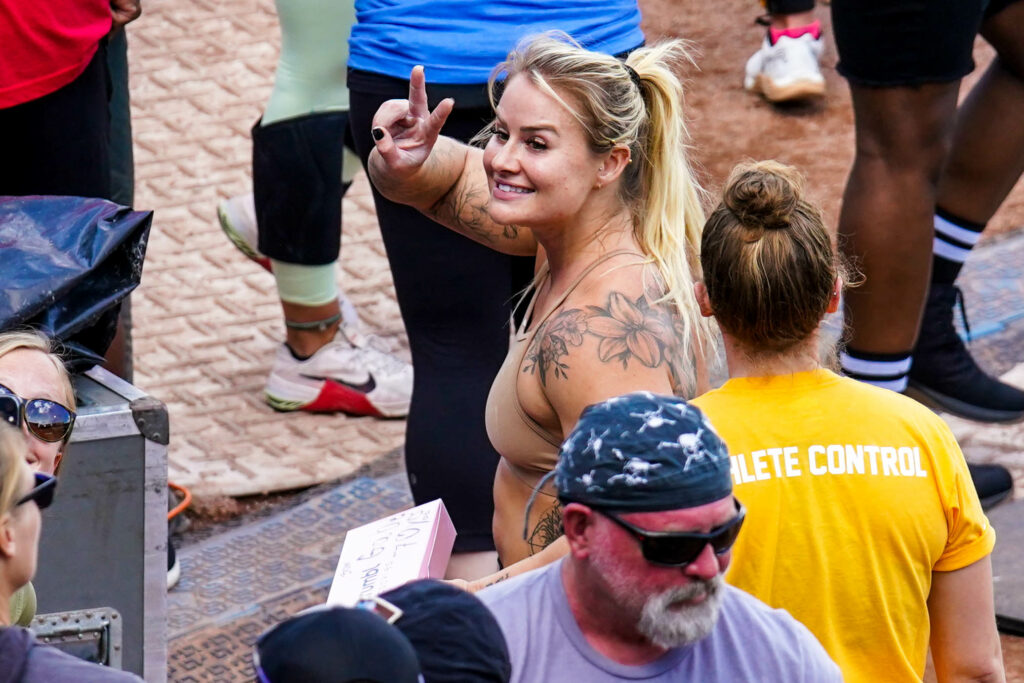 CrossFitter Dani Speegle holds a box of cookies, given to her by a fan.
