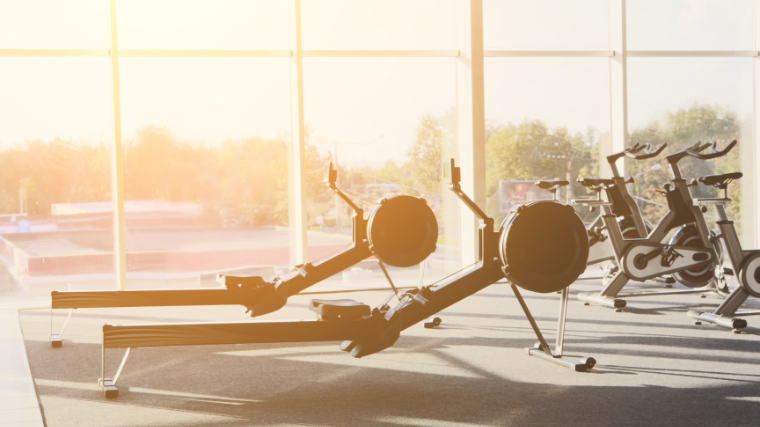 Rowing machines in the gym unused and well lit.