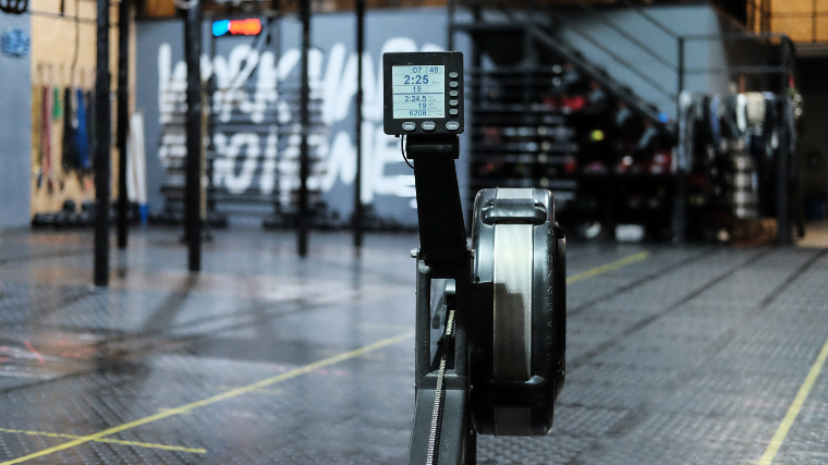 Rowing machine display highlight in gym.