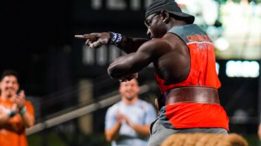 CrossFitter Chandler Smith points to the crowd at the 2022 Rogue Invitational