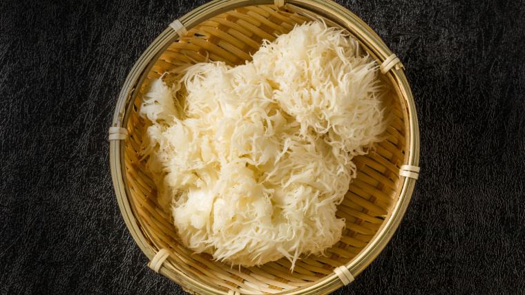 A bowl of lion's mane mushrooms sits on a black background.