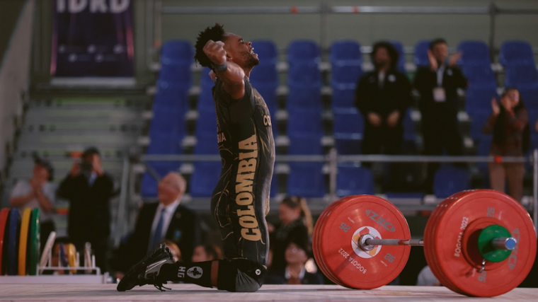 Weightlifter Francisco Mosquera celebrates a successful clean & jerk