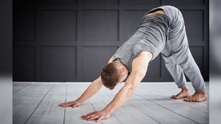 A person in the downward dog pose on a wooden floor.