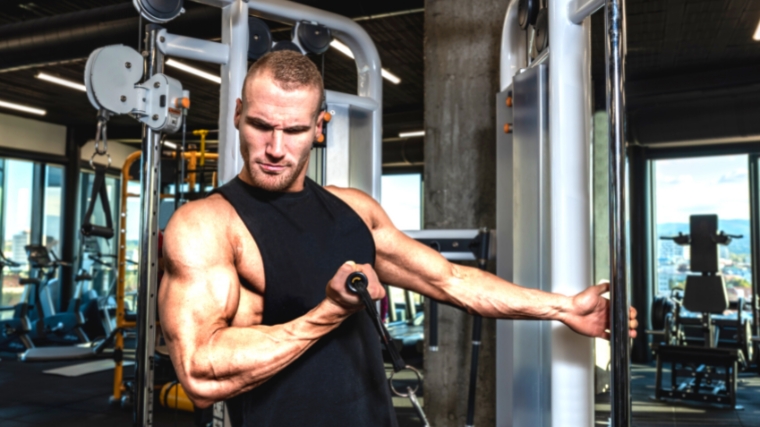 Person with large muscles working out with cables.