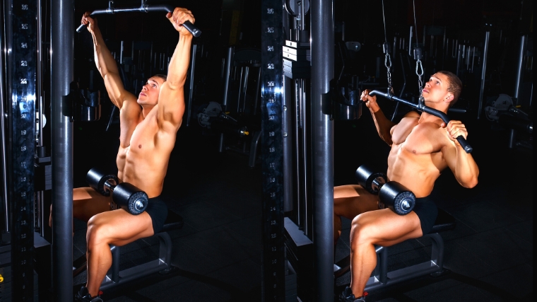 Shirtless person using the lat pulldown machine.